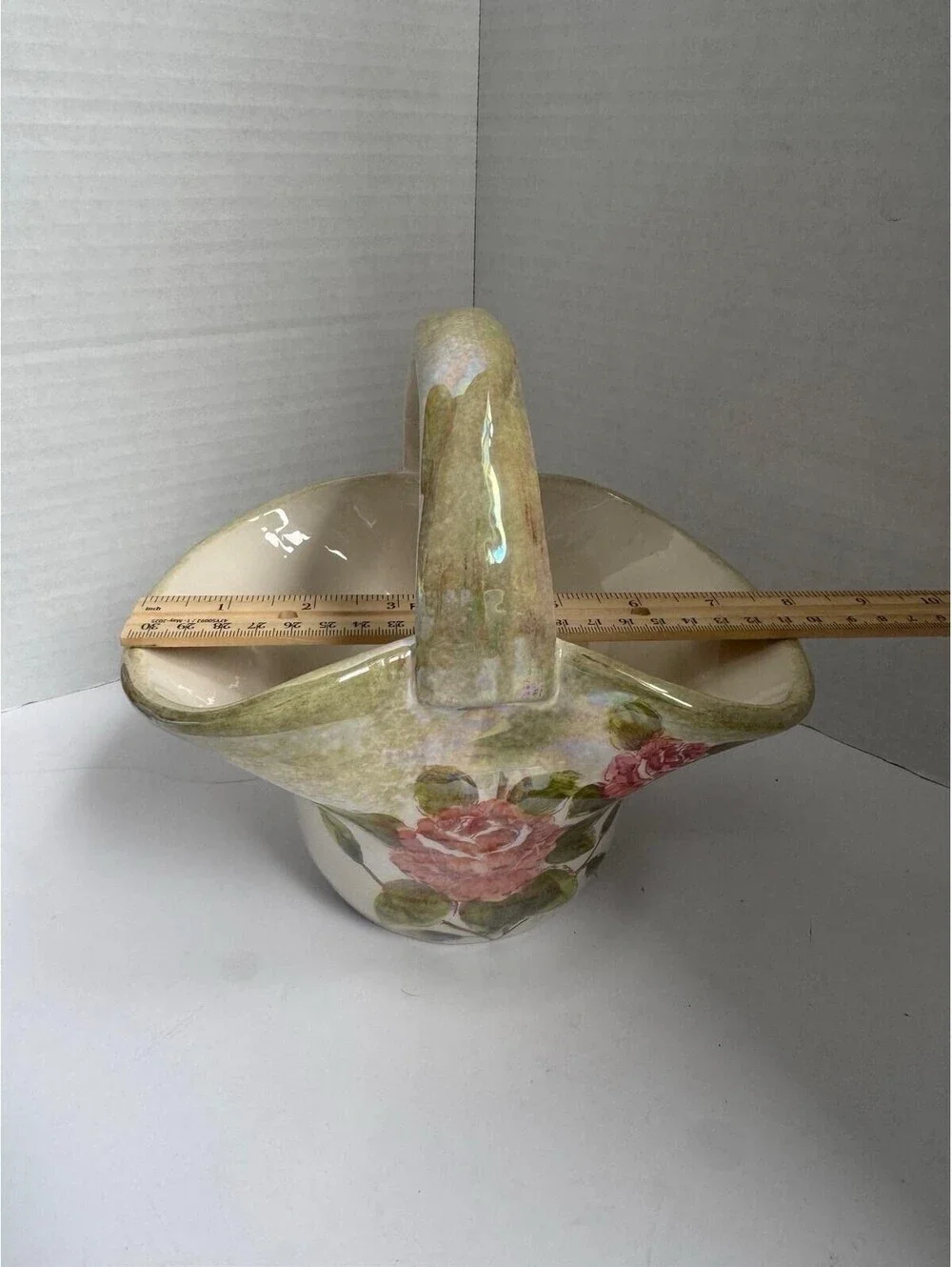 Vintage Ceramic Floral Basket Vase — Pink Roses & Iridescent Luster Glaze